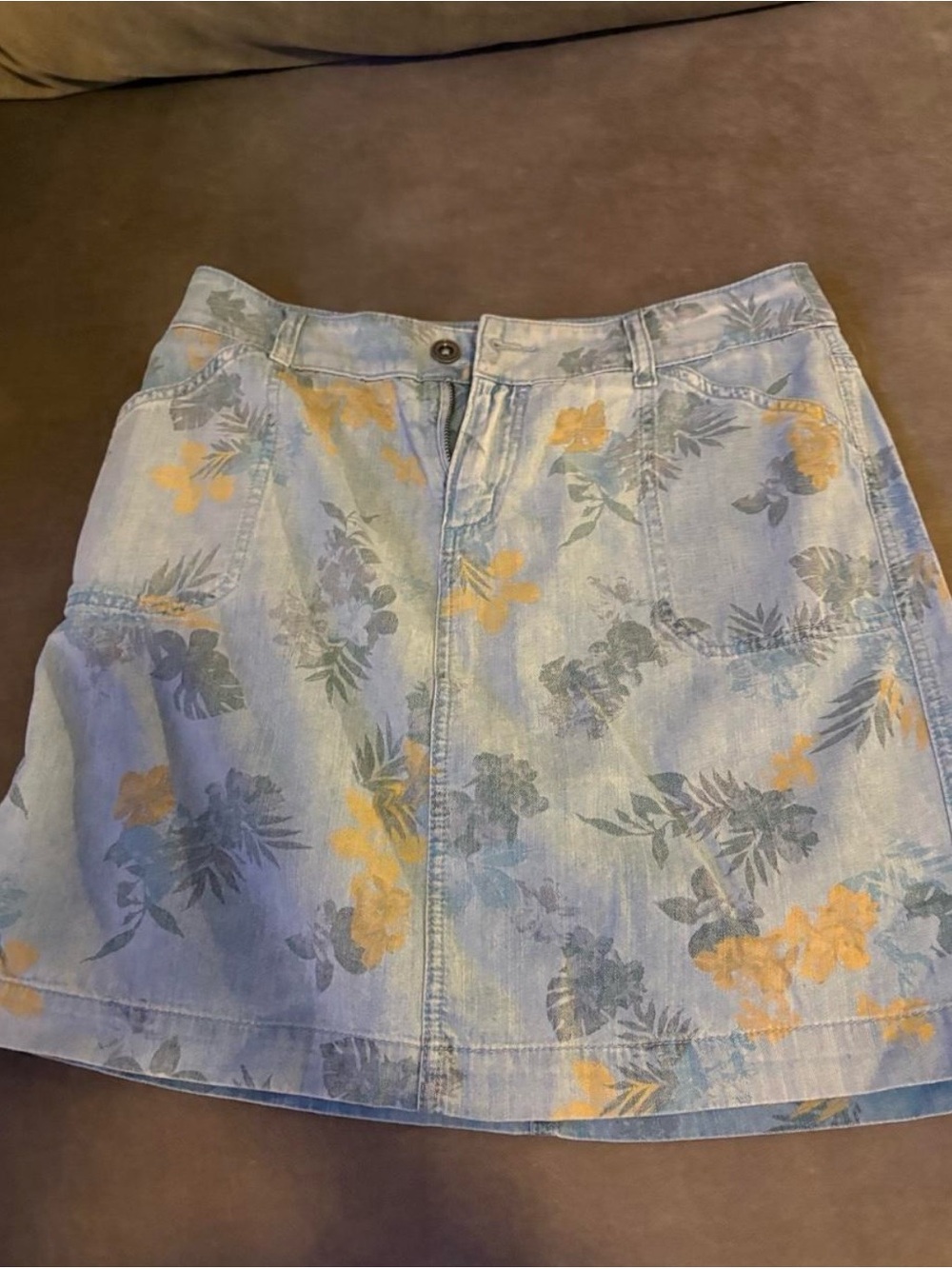 Christopher & Banks Light Wash Denim Mini Skirt with Yellow & Green Floral Print